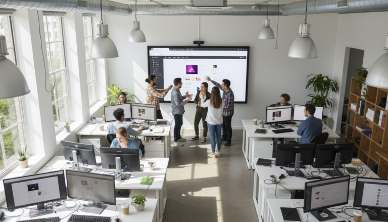 Equipe de agência colaborando usando Elementor PRO para otimizar fluxos de trabalho e escalar projetos de design web