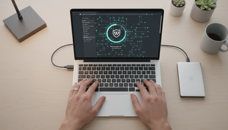 Mãos digitando em laptop, tela com painel WordPress e ícone de backup, representando a realização de um backup básico do WordPress.