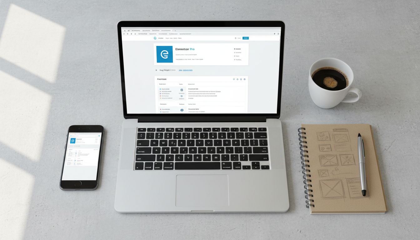 Interface do Elementor Pro para criação de cabeçalho e rodapé, com laptop e smartphone exibindo design responsivo.