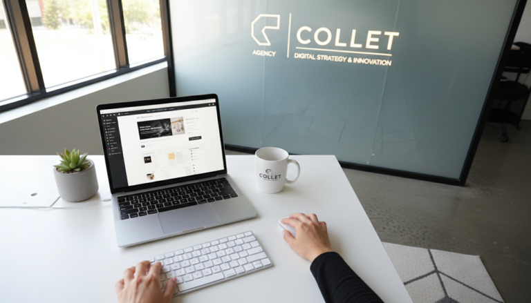 Tela de laptop com interface Elementor Pro Básico, mãos digitando, logo Collet ao fundo