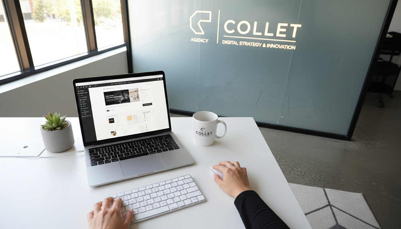 Tela de laptop com interface Elementor Pro Básico, mãos digitando, logo Collet ao fundo