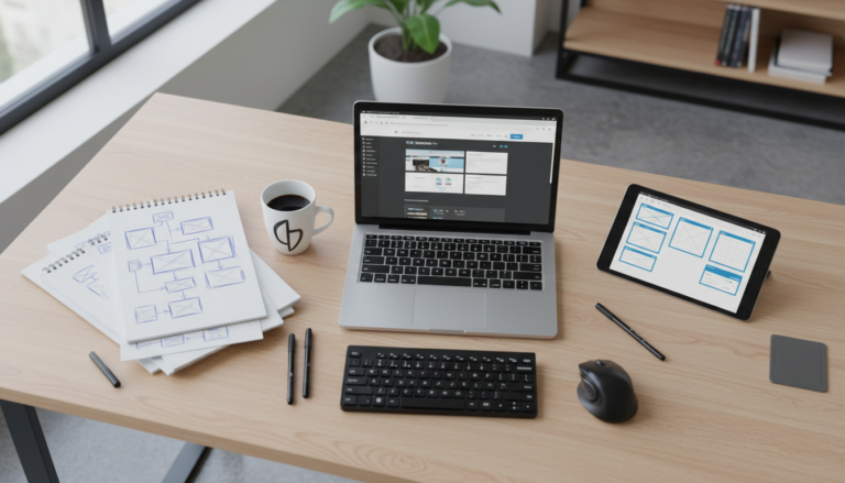 Mesa de trabalho com laptop exibindo Elementor PRO, wireframes, e esboços de design de website. Foco em construção de temas.