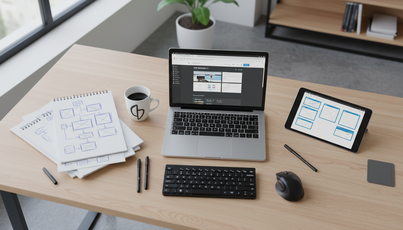 Mesa de trabalho com laptop exibindo Elementor PRO, wireframes, e esboços de design de website. Foco em construção de temas.