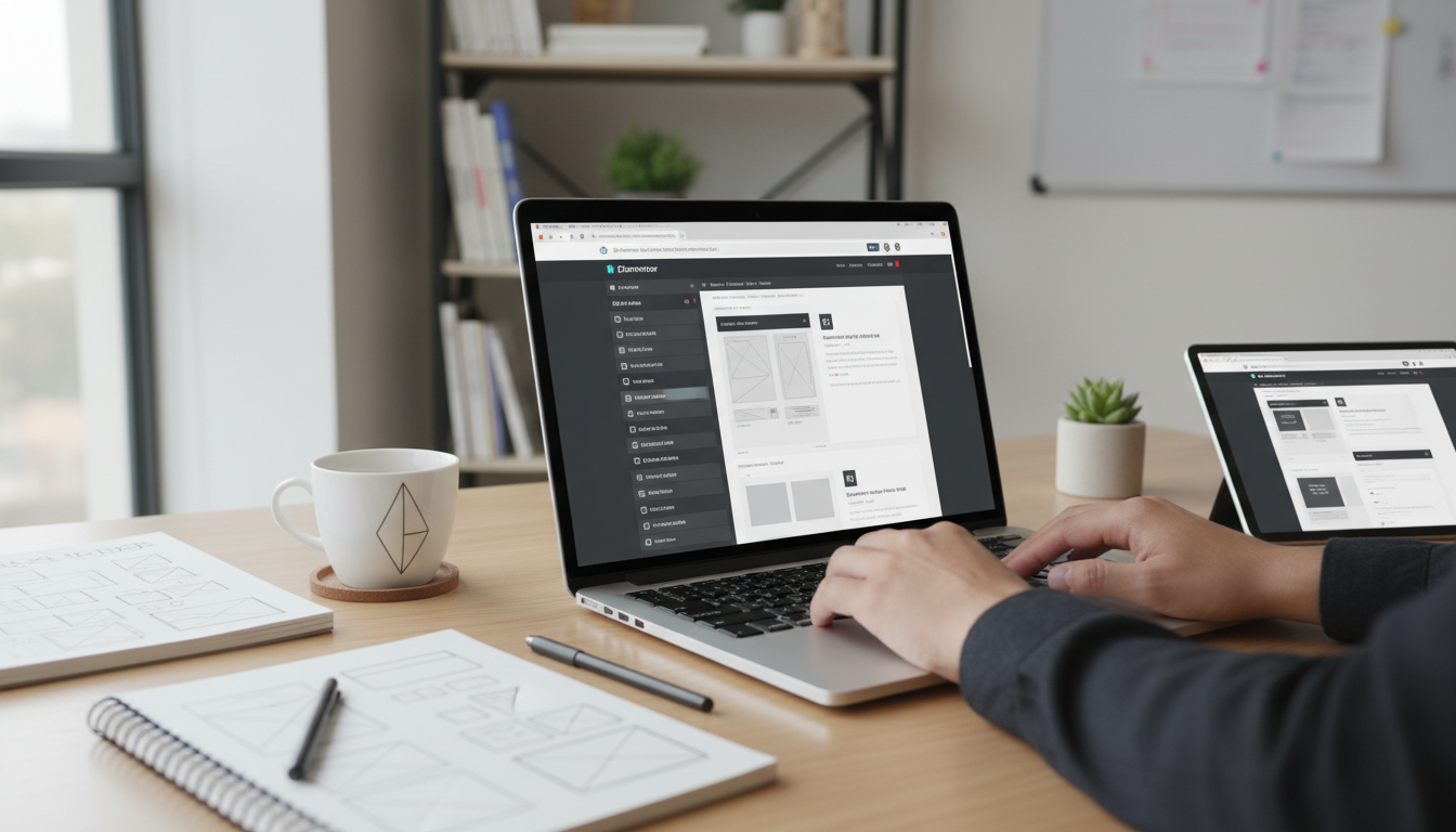 Mãos digitando em um laptop construindo um site dinâmico usando Crocoblock Básico e Elementor, com elementos de design e tecnologia.