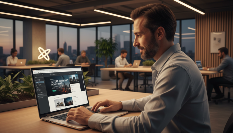 Interface do Elementor Pro Básico em laptop, com pessoa construindo site profissional e otimizado