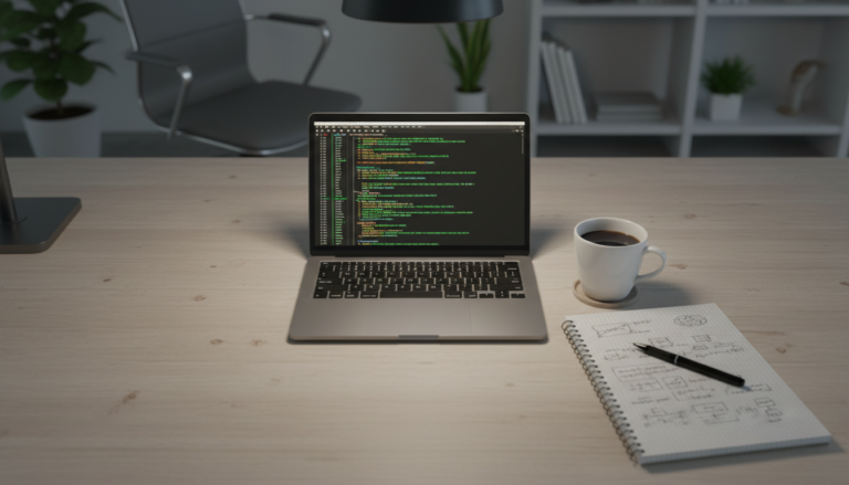 Homem debugando código Crocoblock em laptop, mesa organizada, ferramentas de desenvolvimento, solução de problemas WordPress