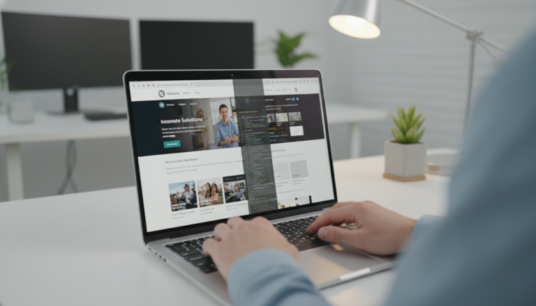 Mãos de desenvolvedor em teclado, tela dividida mostrando site WordPress em produção e ambiente de staging com testes