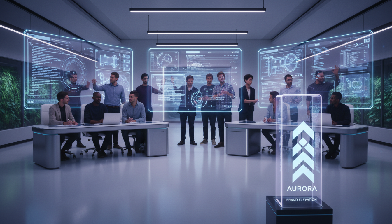 Profissionais da Collet unindo design e tecnologia para elevar marcas, com gráficos de crescimento e interfaces digitais em telas.