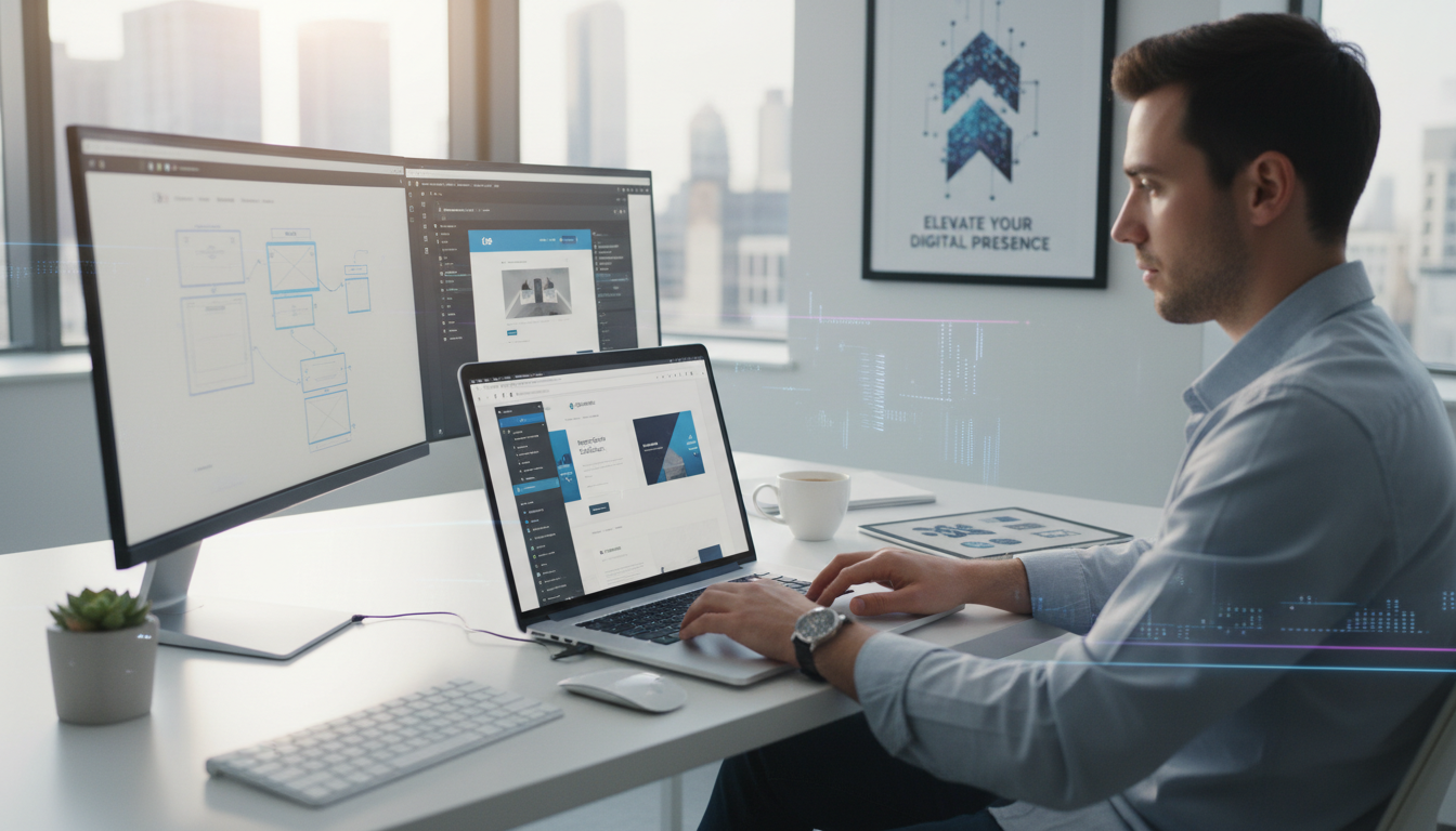 Designer trabalhando com Elementor Pro, otimizando fluxo de trabalho com truques intermediários para elevar a marca.