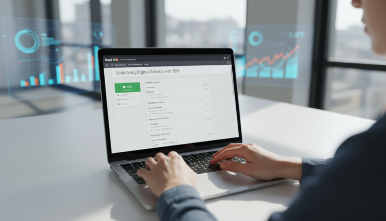 Mãos digitando em laptop com Yoast SEO na tela, mostrando as últimas atualizações e otimização de SEO.