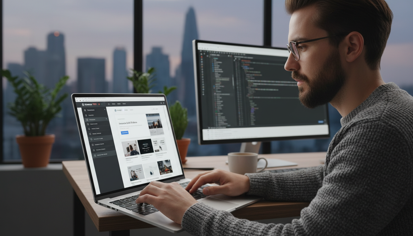Desenvolvedor integrando Elementor PRO e CPT UI em um site WordPress, criando conteúdo personalizado e layouts dinâmicos para elevação de marca.
