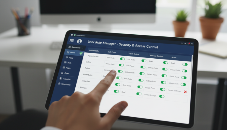 Dashboard WordPress com configurações de usuários e permissões