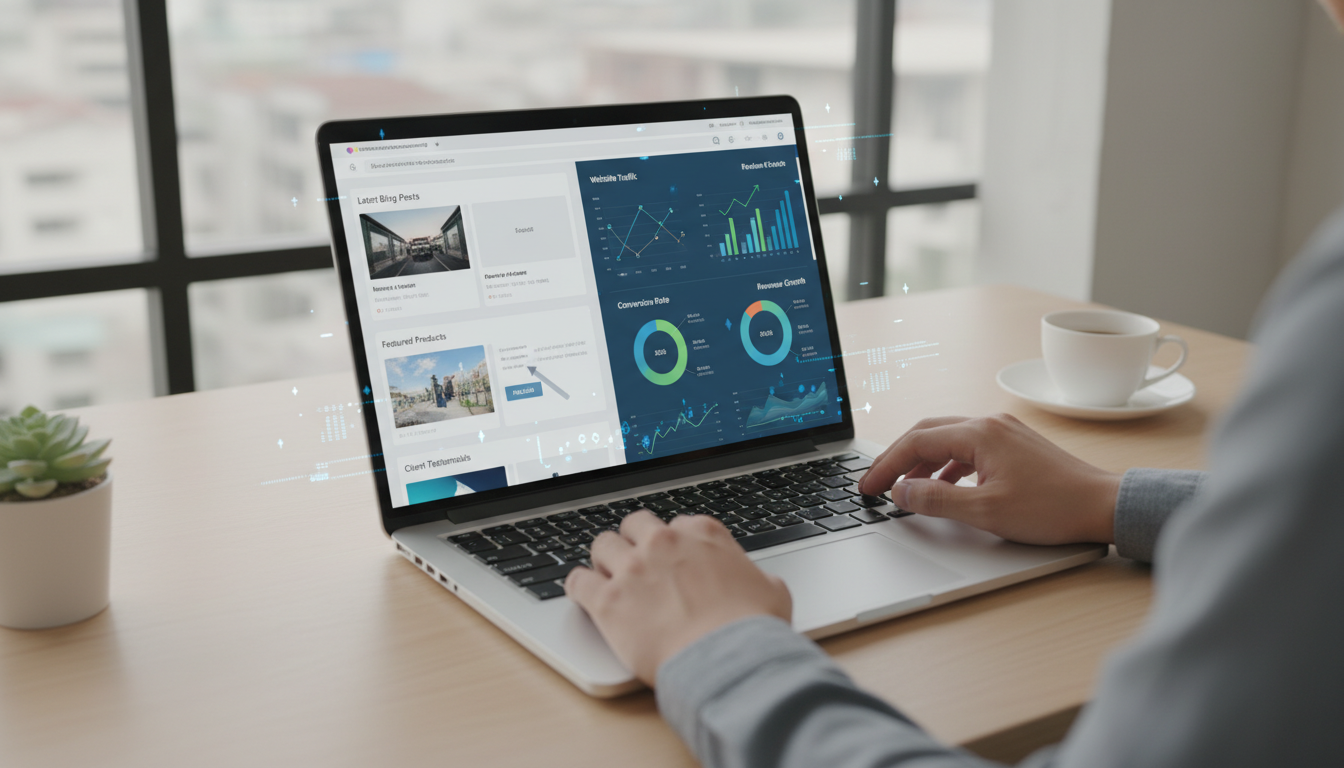 Mãos digitando em laptop com tela mostrando otimização de conteúdo e gráficos de análise, representando a estratégia de otimização de páginas antigas.