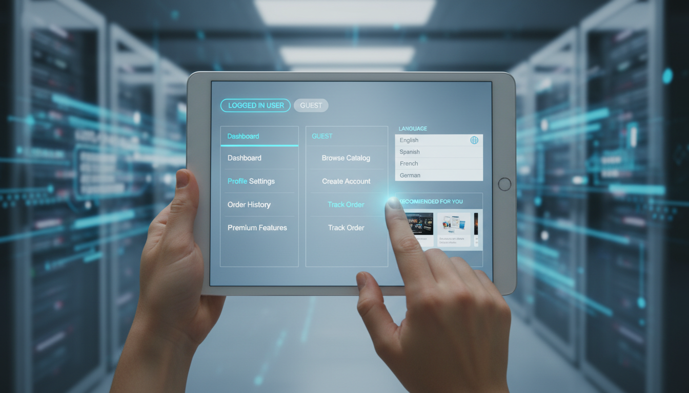 Tablet com menu Elementor Pro avançado, mostrando itens condicionais para diferentes usuários e contextos.