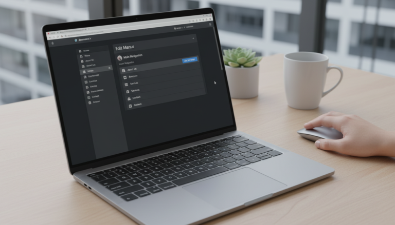 Painel WordPress com menus, criação de navegação, interface de usuário, gestão de site, Collet