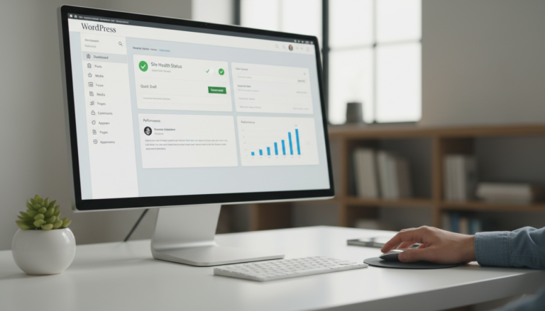 Interface do WordPress, painel de controle, gestão de sites, CMS, dashboard WordPress, administração de site, backend WordPress