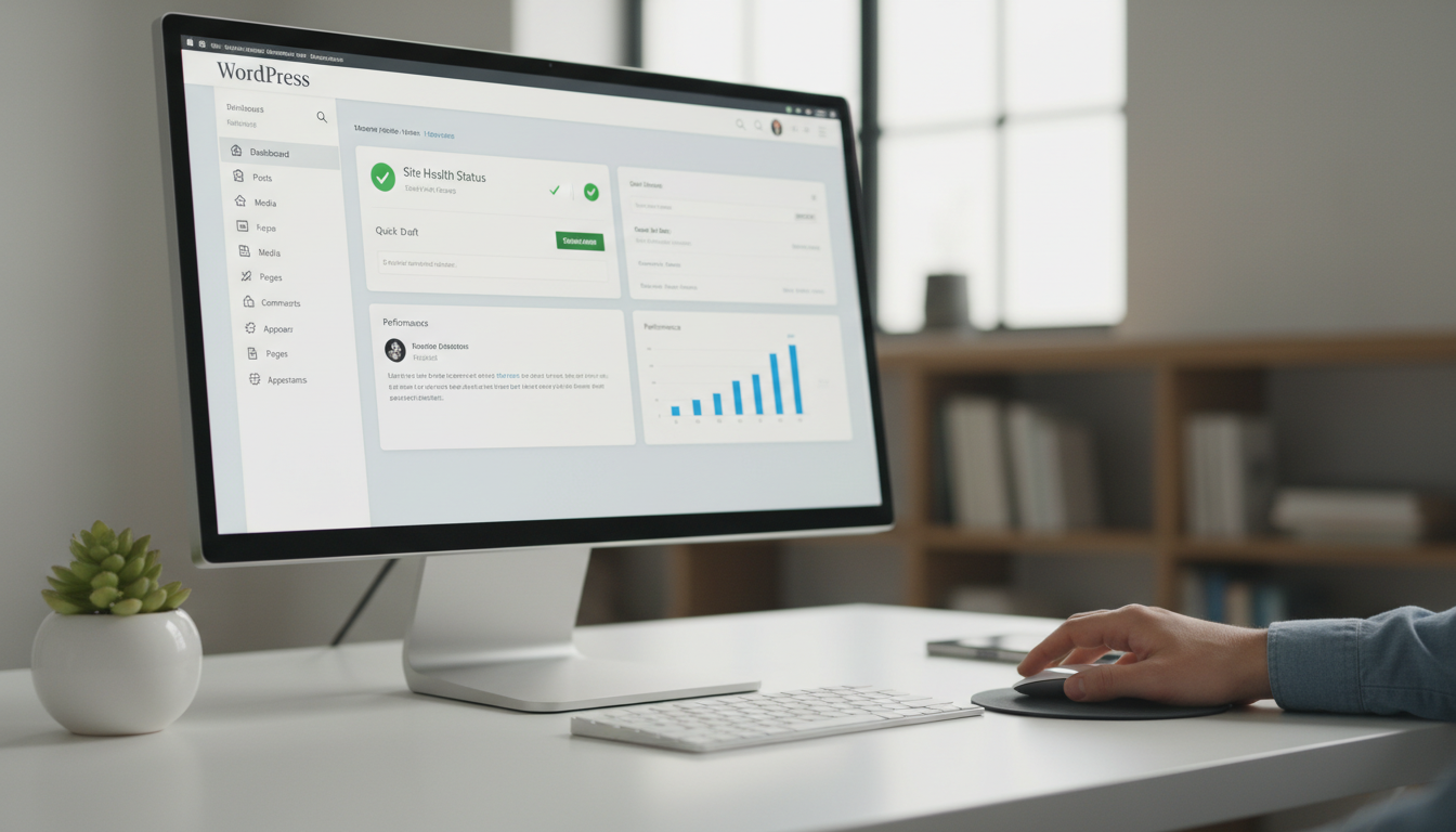 Interface do WordPress, painel de controle, gestão de sites, CMS, dashboard WordPress, administração de site, backend WordPress