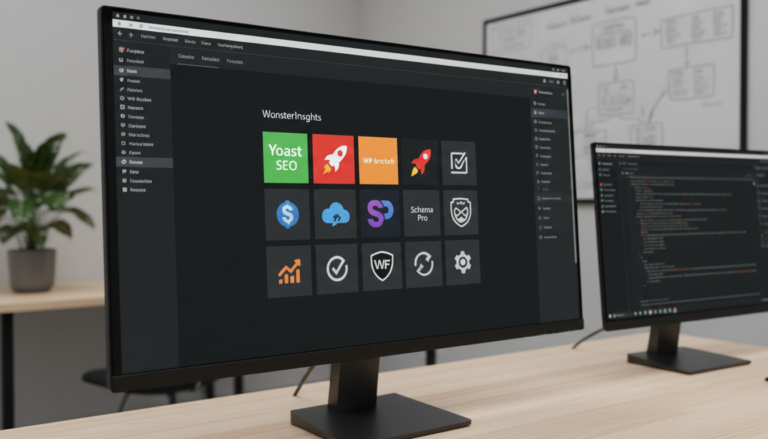 Painel do WordPress com Yoast SEO e plugins complementares como WP Rocket, Smush, Schema Pro, Wordfence e MonsterInsights, simbolizando a otimização de um site.