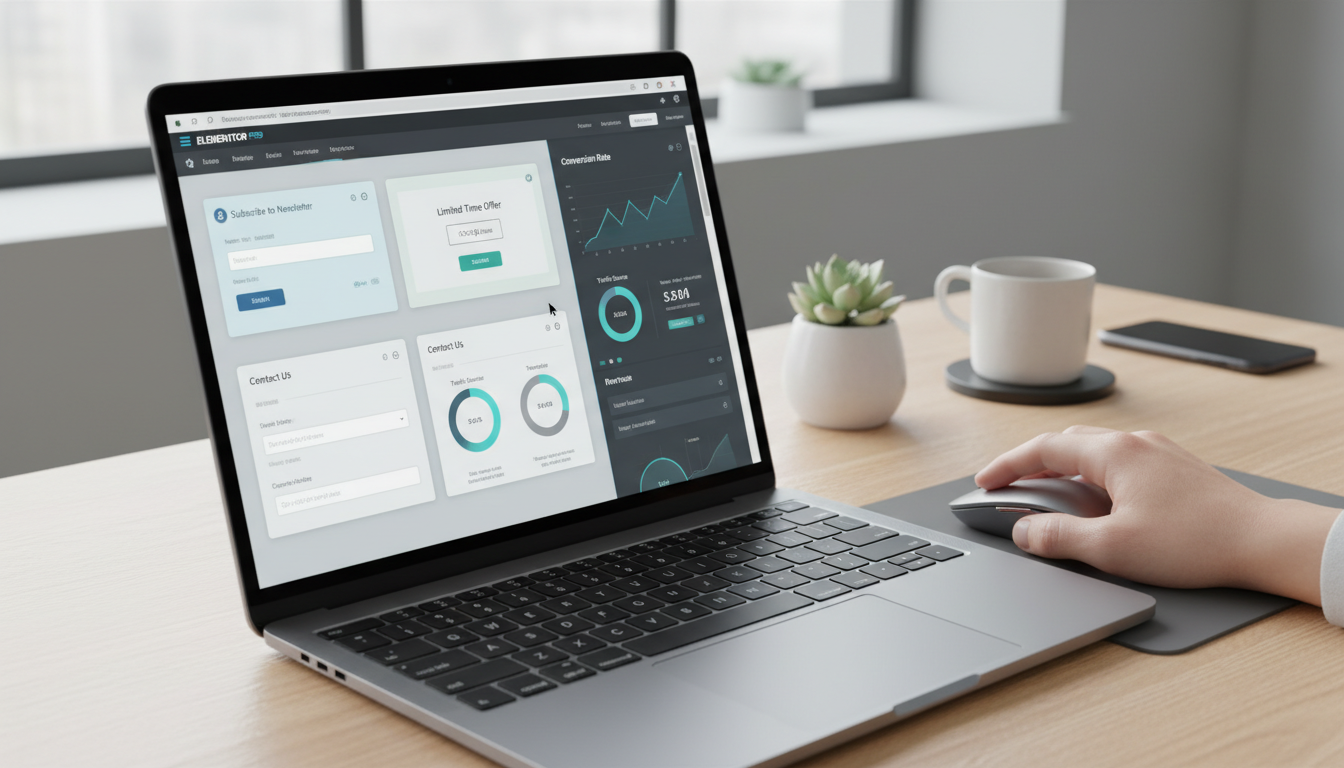 Laptop com Elementor PRO, mostrando popups e formulários inteligentes de alta conversão