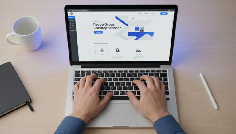 Pessoa usando Elementor Pro Básico para publicar sua primeira página, com foco na tela do laptop mostrando o construtor de páginas