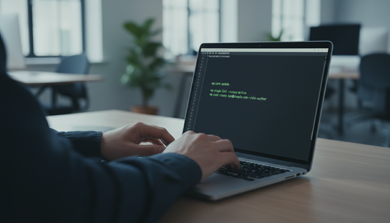 Mãos digitando comandos WP-CLI para gerenciar WordPress no terminal