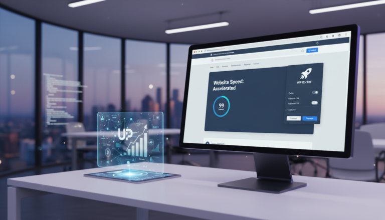 Interface do WP Rocket em um monitor, com gráficos de velocidade e um foguete, representando a otimização de um site WordPress para alta performance e elevação de marca.