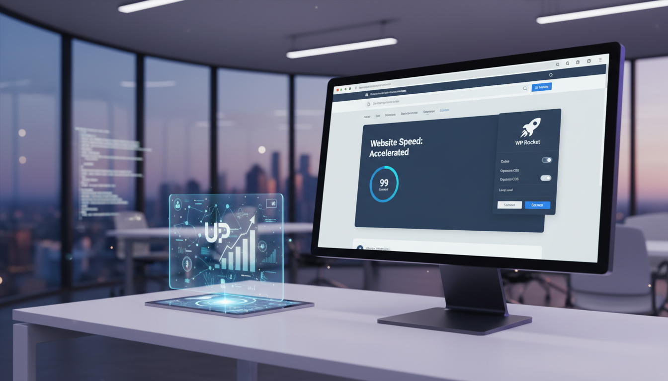 Interface do WP Rocket em um monitor, com gráficos de velocidade e um foguete, representando a otimização de um site WordPress para alta performance e elevação de marca.